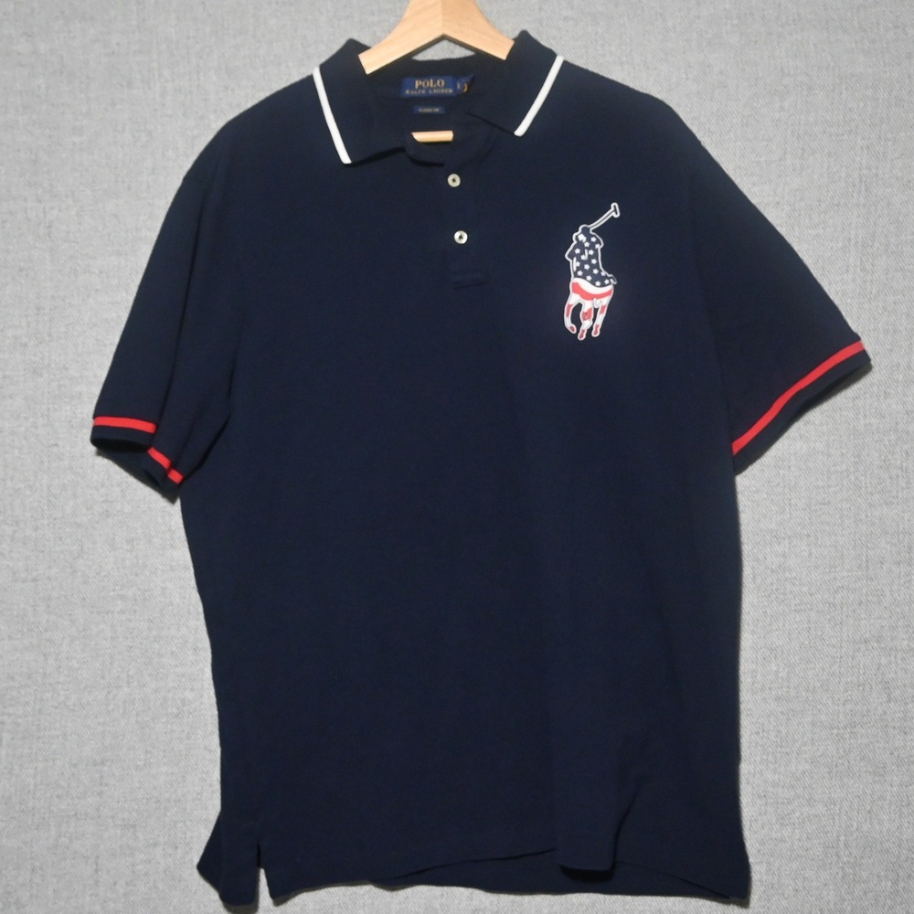 Polo Ralph Lauren Polo Shirt Mens Big Pony USA Flag Classic Fit L Navy Blue